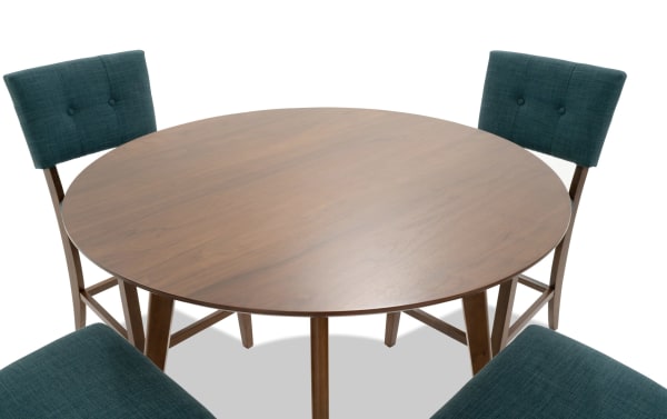 Bettie 5 Piece Walnut & Teal Upholstered Round Counter Height Dining Set with mid-century modern style, teal polyester fabric, button tufted backs, and walnut veneer table.