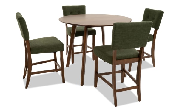 Bettie 5 Piece Walnut & Avocado Upholstered Round Counter Height Dining Set with mid-century modern green polyester fabric chairs, button tufting, and walnut veneer table.