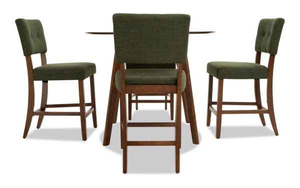 Bettie 5 Piece Walnut & Avocado Upholstered Round Counter Height Dining Set with mid-century modern flared legs, button tufted avocado fabric seats, and rubberwood frame.