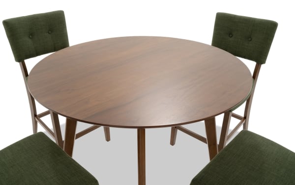 Bettie 5 Piece Walnut & Avocado Upholstered Round Counter Height Dining Set with mid-century modern rubberwood frame, avocado polyester fabric, button tufting, and flared legs.