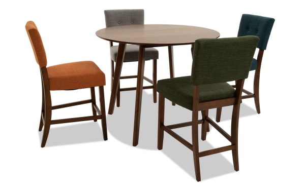 Bettie 5 Piece Walnut & Multicolor Upholstered Round Counter Height Dining Set with gray, green, russet, and teal polyester fabric seats, mid-century modern style, button tufting, flared walnut veneer legs, and Bob-O-Pedic Memory Foam cushions.