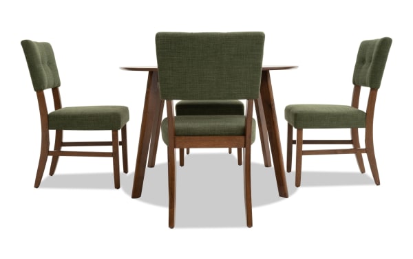 Bettie 5 Piece Walnut & Avocado Upholstered Round Dining Set with mid-century modern rubberwood frame, avocado polyester fabric, button tufted backs, and flared legs.