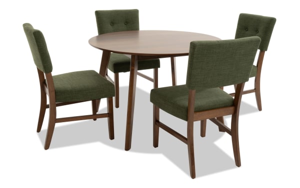 Bettie 5 Piece Walnut & Avocado Upholstered Round Dining Set with mid-century modern rubberwood frame, avocado polyester fabric, button tufting, and memory foam seats.