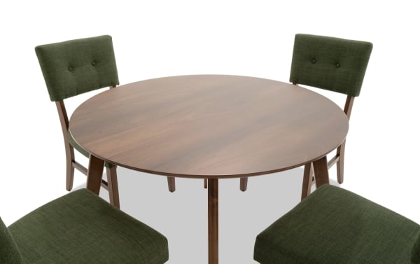 Bettie 5 Piece Walnut & Avocado Upholstered Round Dining Set with mid-century modern rubberwood table, avocado polyester fabric chairs, button tufting, and flared legs.