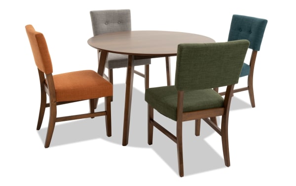 Bettie 5 Piece Walnut & Multicolor Upholstered Round Dining Set with gray, green, russet, and teal polyester fabric seats, mid-century modern style, rubberwood and walnut veneer table with button tufting and flared legs.
