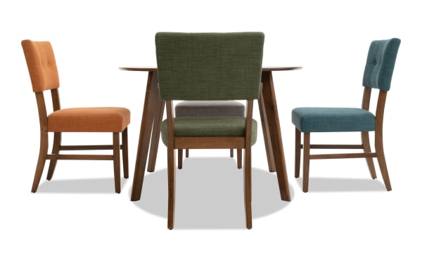 Bettie 5 Piece Walnut & Multicolor Upholstered Round Dining Set with gray, green, russet, and teal polyester fabric seats, mid-century modern style, rubberwood and walnut veneers, button tufting, flared legs, and memory foam cushions.
