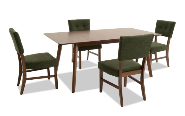 Bettie 5 Piece Walnut & Avocado Upholstered Extendable Dining Set with mid-century modern style, avocado green polyester fabric, button tufting, and walnut veneer table.