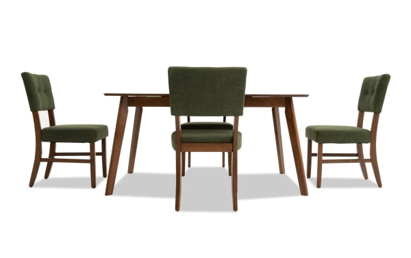 Bettie 5 Piece Walnut & Avocado Upholstered Extendable Dining Set with mid-century modern style, rubberwood frame, avocado polyester fabric, button tufting, and flared legs.