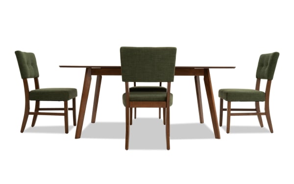 Bettie 5 Piece Walnut & Avocado Upholstered Extendable Dining Set with mid-century modern rubberwood frame, avocado polyester fabric, button tufting, flared legs, and removable 12" leaf for extra space.