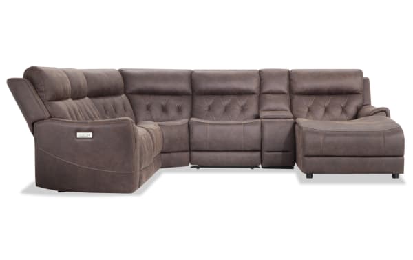 Canyon Walnut 126" brown polyester fabric sectional with power reclining, right arm chaise, Bluetooth audio, USB ports, wireless charging, and hidden storage. Transitional style, six-piece set with memory foam cushions and flair arms.