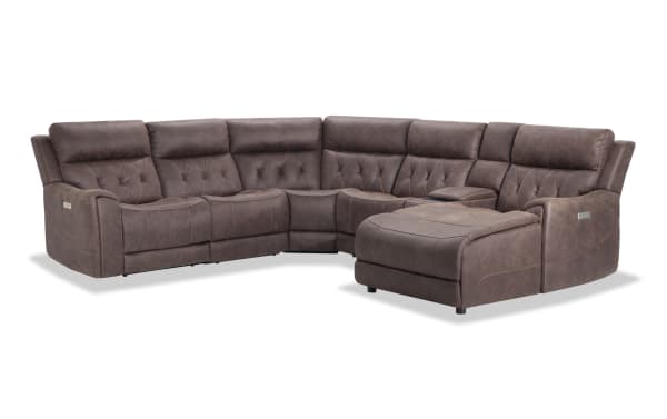 Canyon Walnut 126'' brown polyester fabric sectional with power reclining, right arm chaise, Bluetooth audio, USB ports, wireless charging, and storage.