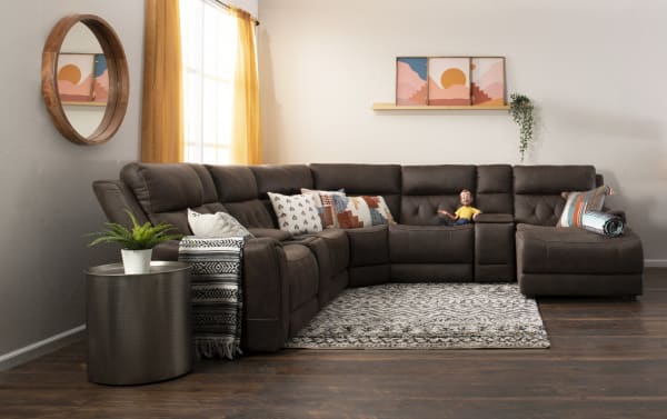 Canyon Walnut 126'' brown fabric polyester transitional 6-piece sectional with right arm chaise, Bluetooth audio, power recline, USB ports, and hidden storage.