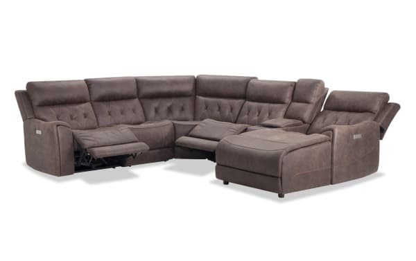 Canyon Walnut 126'' brown polyester fabric sectional with power reclining, right arm facing chaise, Bluetooth audio, USB ports, wireless charging, hidden storage, and cup holders in transitional style.