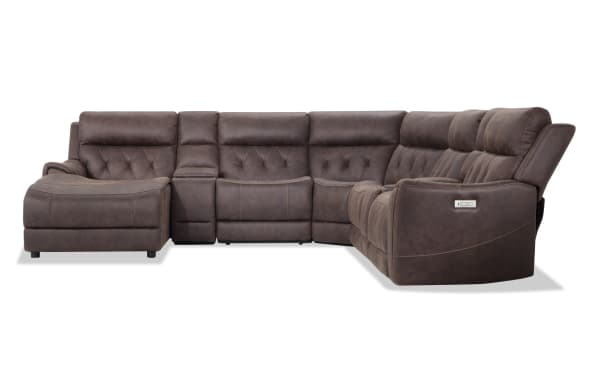 Canyon Walnut 7-piece left arm facing chaise sectional in brown polyester fabric with power recline, Bluetooth audio, USB ports, and wireless charging.