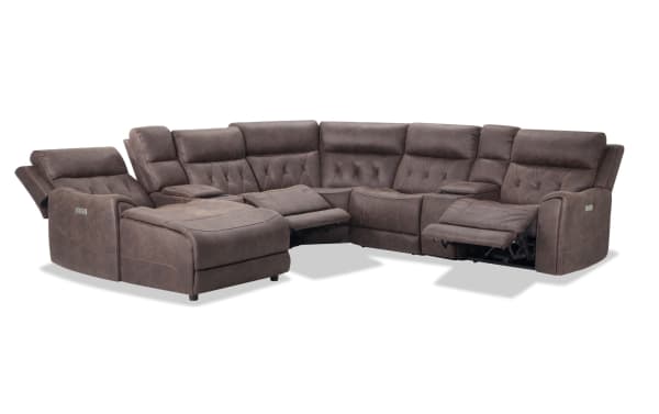 Canyon Walnut 126'' brown polyester fabric 7-piece sectional with left arm chaise, power reclining, Bluetooth audio, USB ports, and hidden storage.