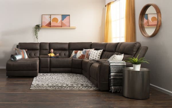 Canyon Walnut 126'' brown fabric polyester sectional with left chaise, power reclining, Bluetooth audio, USB ports, wireless charging, and memory foam.
