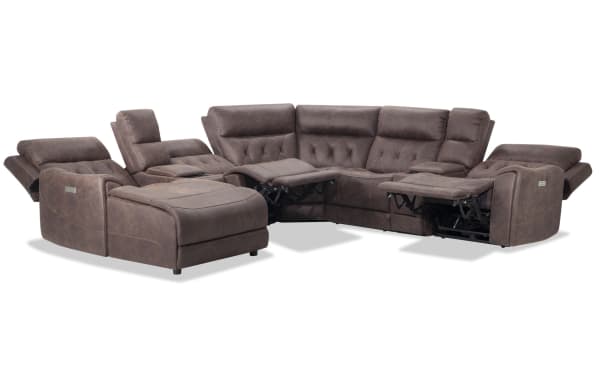 Canyon Walnut 126'' brown polyester fabric transitional sectional with power reclining, Bluetooth audio, memory foam, USB ports, and hidden storage.