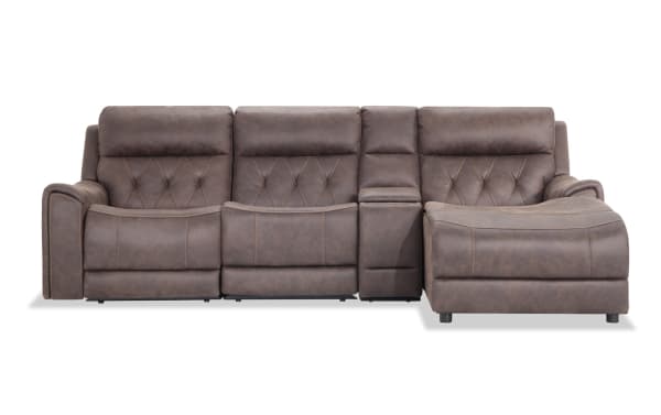 Canyon Walnut 111" brown fabric polyester transitional sectional with right-arm chaise, power reclining, Bluetooth audio, USB ports, and hidden storage.