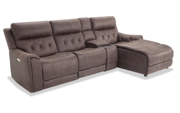 Canyon Walnut 111" brown polyester fabric transitional sectional with right arm chaise, power recline, Bluetooth audio, USB ports, and storage.