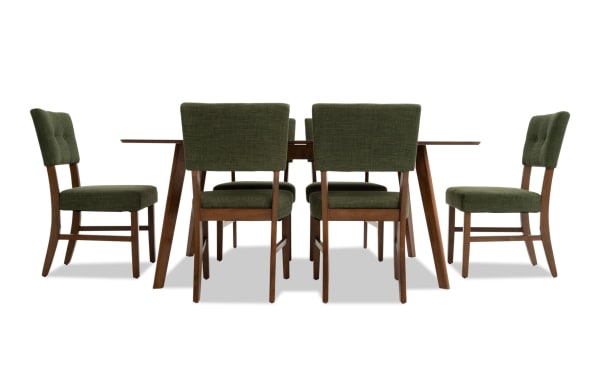 Mid-century modern Bettie 7-piece dining set with avocado green polyester fabric, button-tufted rubberwood chairs, walnut veneer extendable table.