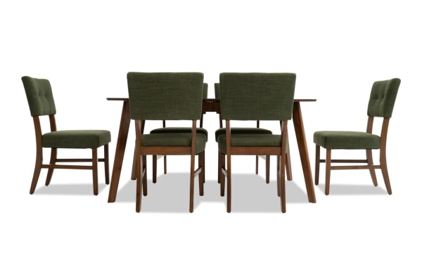 Bettie 7 Piece Walnut & Avocado Upholstered Extendable Dining Set with mid-century modern rubberwood frame, avocado polyester fabric, button tufting, flared legs, and removable 12" leaf for extra space.