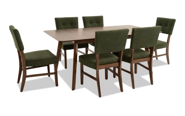 Bettie 7 Piece Mid-Century Modern Extendable Dining Set with walnut veneer table, avocado polyester fabric upholstery, button tufting, and memory foam seats