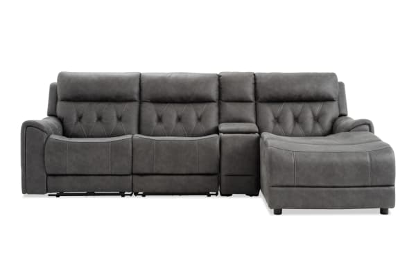 Canyon Gray 111'' transitional fabric sectional with right arm chaise, power reclining, Bluetooth audio, USB ports, wireless charging, and storage.