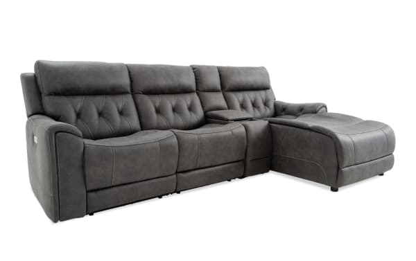 Canyon Gray 111" transitional 4-piece sectional with right arm chaise, gray polyester fabric, power recline, Bluetooth audio, USB ports, and wireless charging.