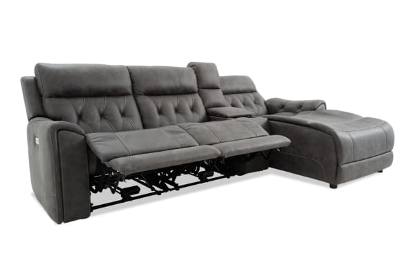 Canyon Gray 111" transitional fabric polyester sectional with right-arm chaise, power recliners, Bluetooth audio, USB ports, wireless charging, storage, and cup holders.