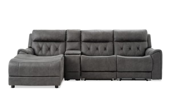 Canyon Gray 111" transitional 4-piece left-arm chaise sectional with gray polyester fabric, power recline, Bluetooth audio, USB ports, and hidden storage.