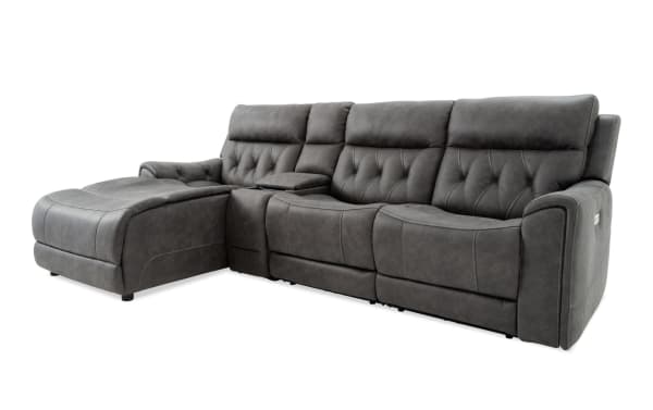 Canyon Gray 111" transitional 4-piece left-arm chaise sectional with gray polyester fabric, power recline, Bluetooth audio, USB ports, and hidden storage.