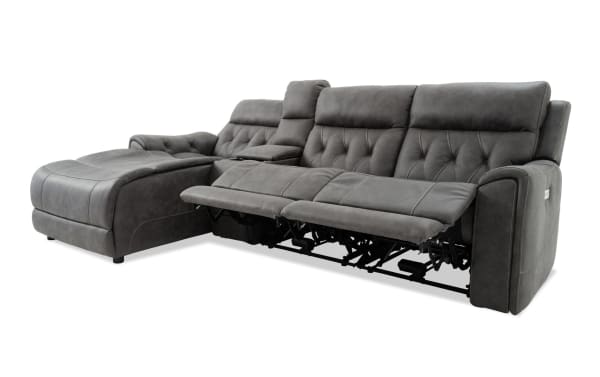 Canyon Gray 111" transitional 4-piece sectional with left arm chaise, gray polyester fabric, power reclining, Bluetooth audio, USB ports, wireless charging, hidden storage, and cup holders.