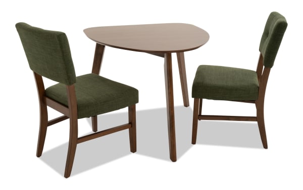 Bettie 3 Piece Walnut & Avocado Upholstered Triangle Dining Set with mid-century modern rubberwood frame, avocado polyester fabric, button tufting, and flared legs.