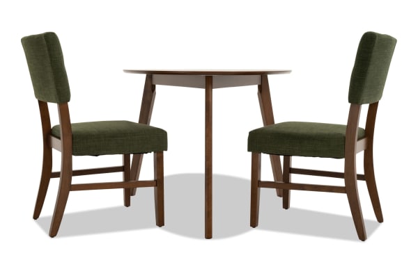 Bettie 3 Piece Walnut & Avocado Upholstered Triangle Dining Set with mid-century modern rubberwood frame, avocado polyester fabric, and memory foam seats.