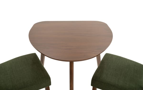 Mid-century modern Bettie 3 Piece Walnut & Avocado Upholstered Triangle Dining Set with rubberwood legs, walnut veneer table, and avocado polyester fabric seats.