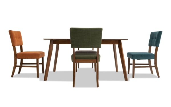 Bettie 5 Piece Walnut & Multicolor Upholstered Extendable Dining Set with rubberwood frame, button-tufted polyester fabric chairs in green, russet, and teal, mid-century modern style with flared legs and removable 12" leaf for extra space.