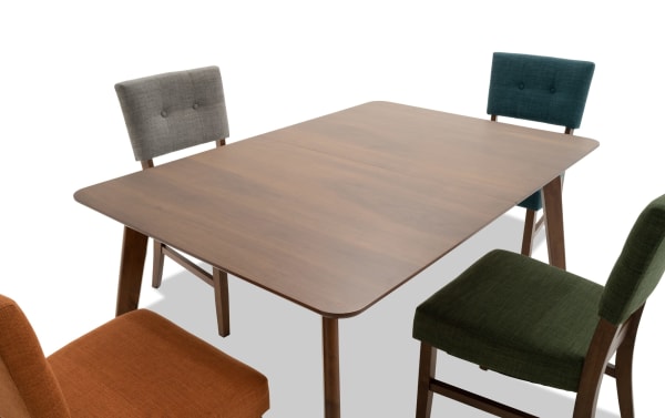 Bettie 5 Piece Walnut & Multicolor Upholstered Extendable Dining Set with gray, green, russet, and teal polyester fabric seats, walnut veneer table, mid-century modern style, button tufting, flared legs, and removable 12" leaf.