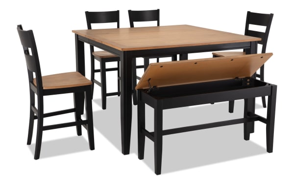 Blake 6 Piece Black & Natural Extendable Counter Height Dining Set with Storage Bench