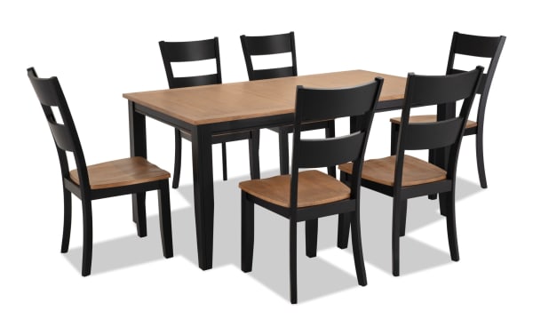 Blake 7 Piece Black & Natural Extendable Dining Set with 6 chairs, cottage style, MDF and hardwood solids, black frame, natural wood tabletop, seats 6-8.