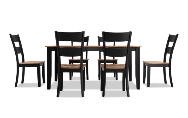 Blake 7 Piece Black & Natural Extendable Dining Set with six black ladder-back chairs and a two-tone wood table in cottage style, made of MDF and hardwood solids.