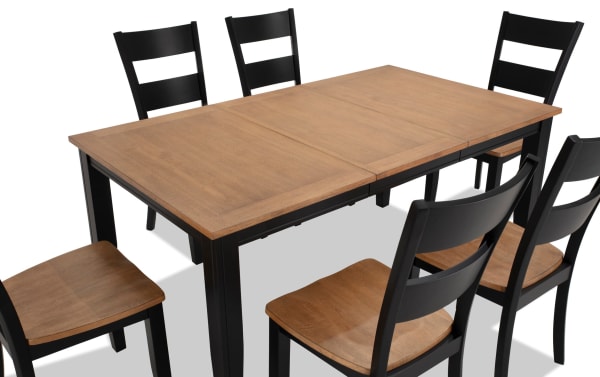 Blake 7 Piece Black & Natural Extendable Dining Set with 6 ladder-back chairs, cottage style, MDF and hardwood solids, seats 6-8, farmhouse look