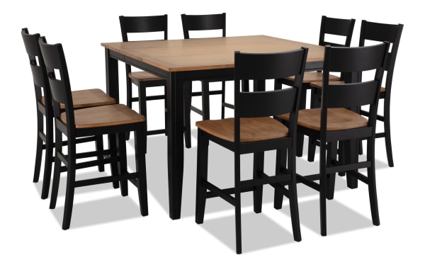 Blake 9 Piece Black & Natural Extendable Counter Height Dining Set with 8 stools, cottage style, MDF and hardwood solids, modern farmhouse look.