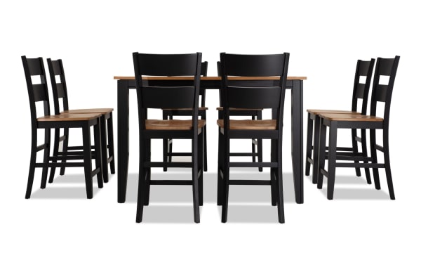 Blake 9 Piece Black & Natural Extendable Counter Height Dining Set with 8 stools, solid hardwood and MDF, cottage style, black frame, natural wood seats, 36"-54" table.