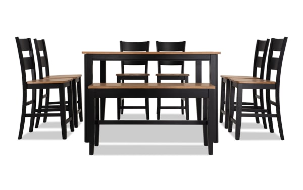 Blake 8 Piece Black & Natural Extendable Counter Height Dining Set with storage bench, six stools, hardwood and rubberwood solids, cottage style.
