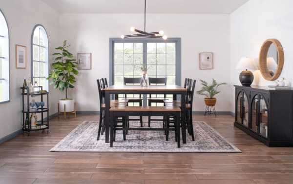 Blake 8 Piece Black & Natural Extendable Counter Height Dining Set with storage bench, six stools, MDF and hardwood solids, cottage style.