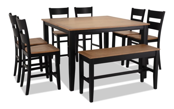 Blake 8 Piece Black & Natural Extendable Counter Height Dining Set with Storage Bench, cottage style, MDF and hardwood solids, includes six stools and 18" leaf table.