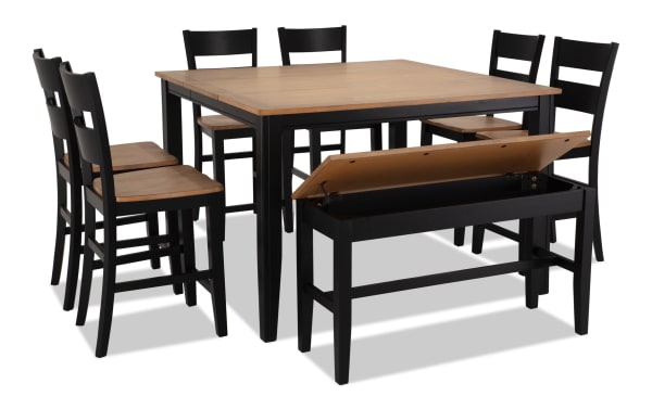 Blake 8 Piece Black & Natural Extendable Counter Height Dining Set with Storage Bench, cottage style, MDF and hardwood solids, includes 6 stools, storage bench, and extendable pub table with 18" leaf.