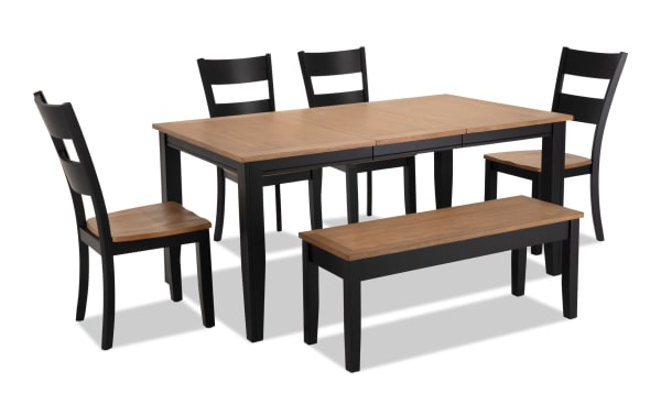 Blake 6 Piece Cottage Dining Set with black MDF and hardwood frame, natural wood tabletop, extendable table, four chairs, and storage bench.
