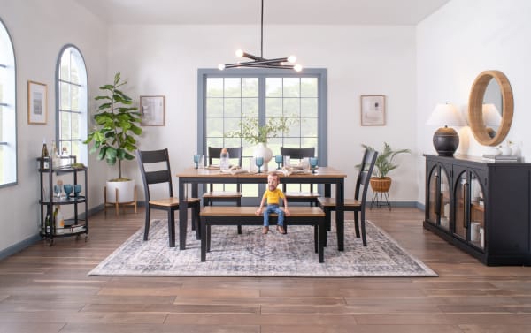 Blake 6 Piece Cottage Dining Set with black MDF and hardwood solids, natural wood tabletop, extendable table (48"-66"), 4 chairs, and storage bench.