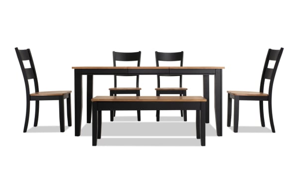 Blake 6 Piece Cottage Dining Set with black MDF and hardwood frame, natural wood tops, extendable table, four chairs, and storage bench.